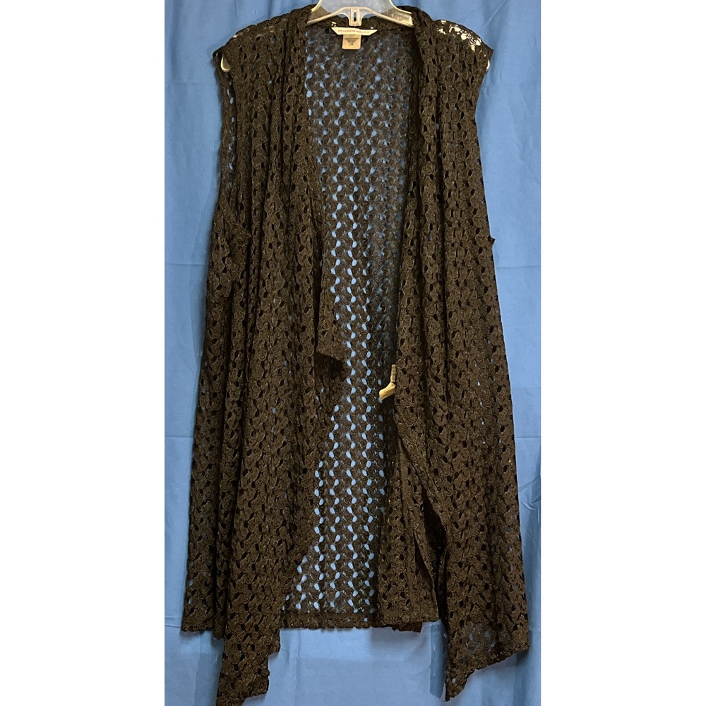 Allison Daley Womens  Large Open Lacy Knit Vest Duster Black Pointelle Knit